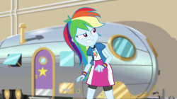 Size: 1280x718 | Tagged: safe, screencap, rainbow dash, equestria girls, equestria girls specials, g4, my little pony equestria girls: movie magic, chase, clothes, compression shorts, door, female, geode of super speed, magical geodes, skirt, solo, trailer, window, wristband