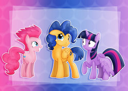 Size: 1600x1130 | Tagged: safe, artist:jucamovi1992, flash sentry, pinkie pie, twilight sparkle, alicorn, earth pony, pegasus, pony, g4, alternate hairstyle, female, male, mane swap, mare, pinkamena diane pie, ship:flashlight, shipping, smiling, stallion, straight, trio, twilight sparkle (alicorn), unsure