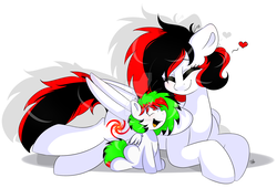 Size: 1600x1088 | Tagged: safe, artist:bl--blacklight, oc, oc only, oc:litch, oc:rally, pegasus, pony, female, filly, mare, mother and daughter, offspring, parent:oc:litch, parents:ritch, prone, ritch, sitting, watermark