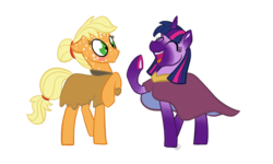 Size: 2000x1200 | Tagged: safe, artist:sallindaemon, applejack, twilight sparkle, pony, g4, alternate design, blushing, clothes, coat markings, dappled, dress, freckles, laughing, simple background, transparent background