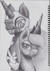 Size: 2471x3504 | Tagged: safe, artist:ponyadler86, nightmare moon, princess luna, g4, evil grin, grin, high res, inner demons, monochrome, pencil drawing, smiling, traditional art