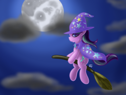 Size: 1600x1200 | Tagged: safe, artist:bleuey, starlight glimmer, pony, unicorn, g4, accessory swap, broom, cape, clothes, cloud, female, flying, flying broomstick, full moon, halloween, hat, holiday, moon, night, solo, the great and powerful, the great and powerful starlight, trixie's cape, trixie's hat