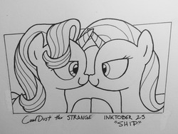 Size: 1280x960 | Tagged: safe, artist:coaldustthestrange, starlight glimmer, trixie, pony, unicorn, g4, boop, crossed horns, duo, female, horn, horns are touching, lesbian, monochrome, noseboop, ship:startrix, shipping, traditional art