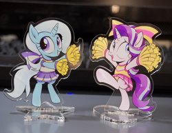 Size: 1200x924 | Tagged: safe, artist:k-nattoh, starlight glimmer, trixie, pony, unicorn, g4, acrylic plastic, acrylic standee, bipedal, bow, cheerleader, clothes, craft, cute, diatrixes, duo, duo female, female, figurine, glimmerbetes, grin, mare, open mouth, open smile, orange underwear, panties, photo, pleated skirt, pom pom, ponytail, ribbon, skirt, skirt lift, smiling, standing, standing on one leg, sweat, tank top, traditional art, underwear, upskirt