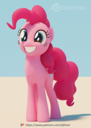 Size: 1536x2160 | Tagged: safe, artist:therealdjthed, pinkie pie, earth pony, pony, g4, 3d, 3d model, blender, blender cycles, cute, cycles render, diapinkes, female, grin, mare, model:djthed, patreon, patreon logo, simple background, smiling, solo, squee