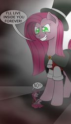 Size: 863x1500 | Tagged: safe, artist:zsocreed, pinkie pie, pony, g4, clothes, dr jekyll and mr hyde, dr pinkie and miss pie, duality, hat, inner demons, macro, micro, pinkamena diane pie, size difference, top hat