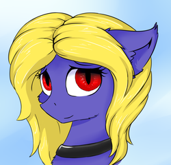 Size: 737x707 | Tagged: safe, artist:wolfypon, oc, oc only, oc:butter cream, bat pony, bust, collar, cute, female, innocent, looking at you, mare, portrait, smiling, solo