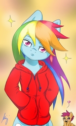 Size: 768x1280 | Tagged: safe, artist:ponyadler86, rainbow dash, scootaloo, g4, clothes, hoodie, looking at you, swag
