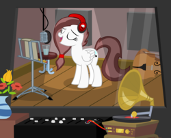 Size: 12000x9679 | Tagged: safe, artist:xenoneal, oc, oc only, oc:scarlet blitz, pegasus, pony, absurd resolution, cello, female, glass, gramophone, mare, microphone, musical instrument, solo, vase, water