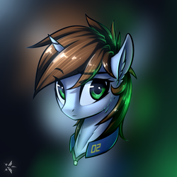 Size: 1100x1100 | Tagged: safe, artist:justafallingstar, oc, oc only, oc:littlepip, pony, unicorn, fallout equestria, bust, clothes, ear fluff, fanfic, fanfic art, female, head, horn, jumpsuit, mare, portrait, solo, vault suit