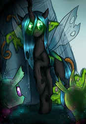 Size: 1390x2000 | Tagged: safe, artist:not-ordinary-pony, queen chrysalis, changedling, changeling, changeling queen, g4, female, former queen chrysalis, glowing eyes, raised hoof, slit pupils
