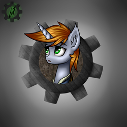 Size: 1500x1500 | Tagged: safe, artist:6editor9, oc, oc only, oc:littlepip, pony, unicorn, fallout equestria, abstract background, clothes, ear fluff, fanfic, fanfic art, female, gears, horn, jumpsuit, mare, solo, vault suit