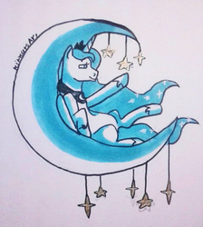 Size: 456x510 | Tagged: safe, artist:kitkatsart, princess luna, alicorn, pony, crescent moon, female, inktober, mare, moon, simple background, smiling, solo, tangible heavenly object, traditional art