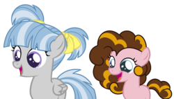 Size: 1446x826 | Tagged: safe, artist:cutiesparkle, oc, oc only, oc:cheesecake curls, oc:glitter gale, earth pony, pegasus, pony, female, filly, offspring, parent:cheese sandwich, parent:pinkie pie, parent:rarity, parent:thunderlane, parents:cheesepie, parents:rarilane