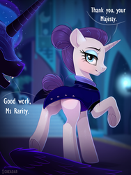 Size: 900x1200 | Tagged: safe, alternate version, artist:scheadar, nightmare moon, rarity, alicorn, pony, unicorn, g4, the cutie re-mark, alternate hairstyle, alternate timeline, bedroom eyes, butt, clothes, dialogue, ear fluff, eyeshadow, female, frog (hoof), lesbian, looking at you, looking back, makeup, mare, night maid rarity, night maid rearity, nightmare takeover timeline, open mouth, plot, raised hoof, raised leg, rearity, ship:nightrarity, shipping, smiling, underhoof, wings