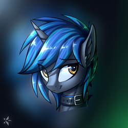 Size: 1100x1100 | Tagged: safe, artist:justafallingstar, oc, oc only, oc:homage, pony, unicorn, fallout equestria, bust, clothes, collar, female, head, mare, solo