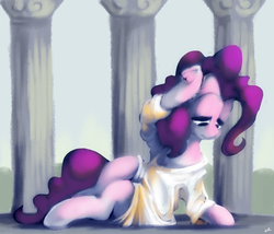 Size: 2800x2400 | Tagged: safe, artist:docwario, pinkie pie, earth pony, pony, g4, clothes, dramatic, female, greek, greek clothes, high res, lidded eyes, looking away, looking down, mare, solo, underhoof