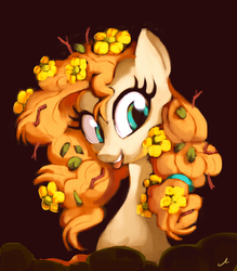 Size: 1838x2100 | Tagged: safe, artist:docwario, pear butter, earth pony, pony, g4, bust, female, flower, flower in hair, looking sideways, mare, portrait, solo, tongue out
