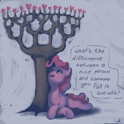 Size: 1200x1200 | Tagged: safe, artist:docwario, pinkie pie, earth pony, pony, g4, dialogue, female, love, mare, prone, solo, speech bubble, under the tree