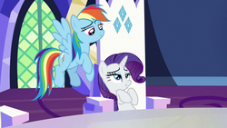 Size: 1280x720 | Tagged: safe, screencap, rainbow dash, rarity, pony, g4, not asking for trouble, lidded eyes