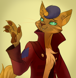 Size: 1028x1049 | Tagged: safe, artist:taneysha, capper dapperpaws, abyssinian, cat, anthro, g4, my little pony: the movie, chest fluff, clothes, coat, gradient background, male, paw pads, paws, simple background, smiling, solo, underpaw, yellow background