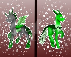 Size: 900x720 | Tagged: safe, artist:mlpfan1415, oc, oc only, changedling, changeling, duality, green changeling, raised hoof, signature, solo, watermark