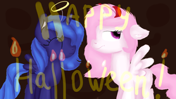 Size: 1280x720 | Tagged: safe, artist:jbond, princess celestia, princess luna, g4, cewestia, clothes, costume, devil horns, duo, eyes closed, female, filly, filly celestia, filly luna, halloween, halloween costume, holiday, horns, nimbus, pink-mane celestia, postcard, text, woona, younger