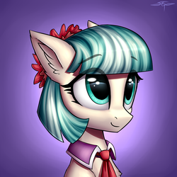 Size: 3000x3000 | Tagged: safe, artist:setharu, coco pommel, earth pony, pony, bust, chest fluff, clothes, cocobetes, cute, ear fluff, eyebrows, female, looking up, mare, necktie, portrait, signature, smiling, solo, three quarter view