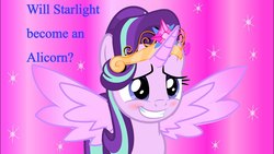 Size: 1280x720 | Tagged: safe, starlight glimmer, alicorn, pony, g4, alicornified, blushing, female, gradient background, grin, mare, princess starlight glimmer, question, race swap, smiling, solo, sparkles, spread wings, squee, starlicorn, text, wings, xk-class end-of-the-world scenario
