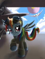 Size: 800x1066 | Tagged: safe, artist:swaetshrit, rainbow dash, pegasus, pony, g4, aircraft, clothes, coveralls, female, flying, goggles, overalls, pilot, plane, solo