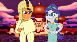 Size: 1199x667 | Tagged: safe, artist:ktd1993, rarity, saffron masala, equestria girls, g4, aladdin, aladdin (character), clothes, cosplay, costume, disney, equestria girls-ified, female, lesbian, princess jasmine, raffron, shipping