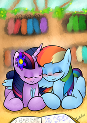 Size: 2480x3507 | Tagged: safe, artist:twidasher, rainbow dash, twilight sparkle, pegasus, pony, g4, blushing, book, bookshelf, duo, feather, female, flower, flower in hair, high res, hug, lesbian, reading, ship:twidash, shipping, winghug