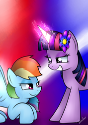 Size: 2480x3507 | Tagged: safe, artist:twidasher, rainbow dash, twilight sparkle, pegasus, pony, unicorn, g4, duo, female, flower, flower in hair, glowing horn, grin, high res, horn, lesbian, looking at each other, mare, ship:twidash, shipping, smiling, unicorn twilight