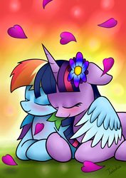 Size: 2480x3507 | Tagged: safe, artist:twidasher, rainbow dash, twilight sparkle, pegasus, pony, unicorn, g4, duo, eyes closed, female, high res, hug, lesbian, mare, multicolored hair, prone, ship:twidash, shipping, smiling, winghug