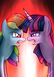 Size: 2480x3507 | Tagged: safe, artist:twidasher, rainbow dash, twilight sparkle, pegasus, pony, unicorn, g4, angry, argument, duo, female, high res, lesbian, looking at each other, mare, multicolored hair, open mouth, ship:twidash, shipping, yelling