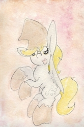 Size: 692x1049 | Tagged: safe, artist:slightlyshade, derpy hooves, pony, g4, female, paper bag, paper bag wizard, solo, traditional art