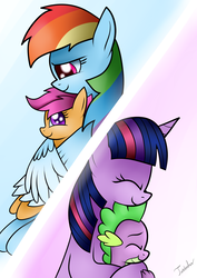 Size: 2480x3507 | Tagged: safe, artist:twidasher, rainbow dash, scootaloo, spike, twilight sparkle, dragon, pegasus, pony, unicorn, g4, comforting, eyes closed, female, filly, high res, hug, mare, multicolored hair, scootalove, spikelove, unicorn twilight, winghug