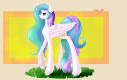 Size: 3200x2030 | Tagged: safe, artist:kirasunnight, princess celestia, alicorn, pony, g4, beautiful, chest fluff, female, folded wings, grass, high res, lidded eyes, mare, missing accessory, multicolored mane, multicolored tail, praise the sun, purple eyes, raised hoof, royalty, smiling, solo, unshorn fetlocks