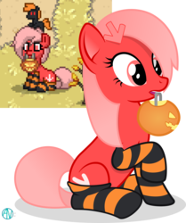 Size: 2107x2520 | Tagged: safe, artist:arifproject, oc, oc only, oc:downvote, earth pony, pony, derpibooru, pony town, g4, clothes, derpibooru ponified, halloween, high res, holiday, meta, ponified, pumpkin bucket, raised hoof, simple background, sitting, socks, stockings, striped socks, thigh highs, transparent background, vector