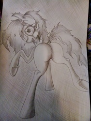 Size: 2448x3264 | Tagged: safe, artist:101, oc, oc only, oc:graymane, earth pony, pony, butt, female, high res, looking at you, mare, plot, solo, tongue out, traditional art