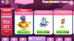 Size: 1280x720 | Tagged: safe, gameloft, princess celestia, trixie, g4, balloon, decoration, flag, pumpkin, statue