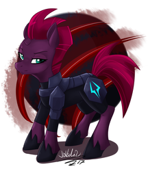 Size: 1864x2160 | Tagged: safe, artist:jovalic, tempest shadow, pony, unicorn, g4, my little pony: the movie, abstract background, armor, broken horn, eye scar, female, horn, mare, scar, signature, solo