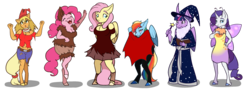 Size: 3586x1283 | Tagged: safe, artist:rimmi1357, applejack, fluttershy, pinkie pie, rainbow dash, rarity, twilight sparkle, alicorn, earth pony, unicorn, anthro, unguligrade anthro, g4, clothes, costume, line-up, mane six, nightmare night, simple background, transparent background, twilight sparkle (alicorn)