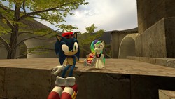 Size: 1366x768 | Tagged: safe, artist:sonicdevil18, oc, oc:rainbow whirlwind, 3d, crossover, gmod, male, sonic the hedgehog, sonic the hedgehog (series)