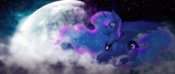 Size: 1000x422 | Tagged: safe, artist:limreiart, princess luna, alicorn, pony, g4, chest fluff, cloud, crossed hooves, female, full moon, mare, missing accessory, moon, prone, sad, solo, stars