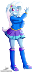 Size: 1004x2096 | Tagged: safe, artist:the-butch-x, trixie, equestria girls, g4, blushing, boots, clothes, commission, cute, cutie mark on clothes, diatrixes, female, grin, hand on hip, hoodie, jacket, miniskirt, moe, shoes, signature, simple background, skirt, smiling, solo, stars, transparent background