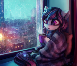 Size: 1790x1545 | Tagged: safe, artist:inowiseei, oc, oc only, oc:rainfall bloom, earth pony, pony, blanket, chocolate, city, color porn, comfy, commission, cozy, drink, female, food, headphones, hot chocolate, mare, mp3 player, rain, slice of life, solo, window