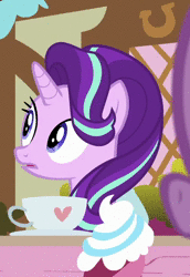 Size: 448x652 | Tagged: safe, screencap, spike, starlight glimmer, dragon, pony, unicorn, g4, triple threat, animated, cute, daaaaaaaaaaaw, female, glimmerbetes, laughing, nervous, nervous laugh, solo focus, sound, webm