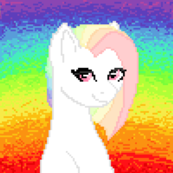 Size: 1000x1000 | Tagged: safe, artist:evakulisreal, oc, oc only, pony, female, mare, pixel art, rainbow background, rainbow hair, smiling, solo