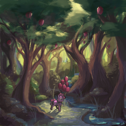 Size: 1200x1200 | Tagged: safe, artist:docwario, pinkie pie, earth pony, pony, g4, balloon, female, forest, mare, mouth hold, river, solo, stream, tree, walking